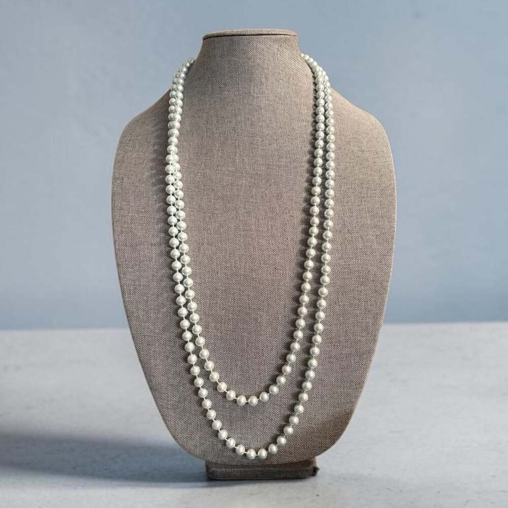 Long Icy Blue Faux Pearl Beaded Flapper Style Strand Necklace